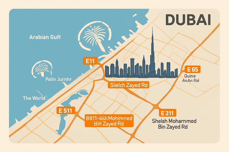 Dubai city skyline highlighting major toll roads and infrastructure