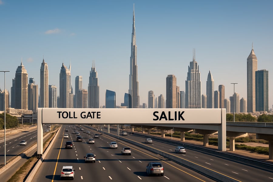 Dubai highway toll road with city skyline
